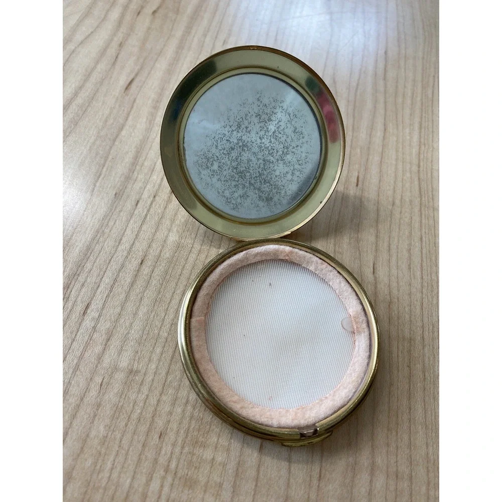 Vintage Floral Powder Compact Round White Yellow Flowers Gold Tone Pocket Mirror